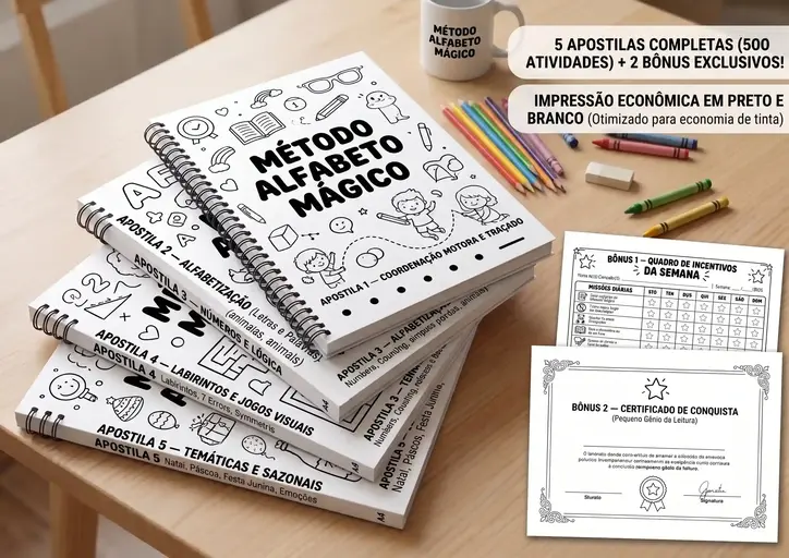Apostilas impressas do Método Alfabeto Mágico sobre a mesa, com lápis de cor e o Quadro de Incentivos
